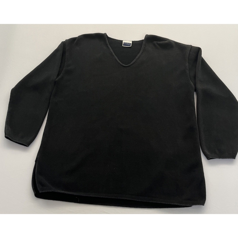 CHAVA Vintage Womens Black Textured Knit V-Neck Tunic Sweater Size Large